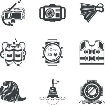 Diving objects black vector icons Stock Illustration