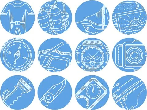 Diving objects blue round vector icons 库存插图