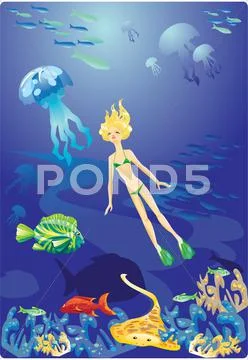 Diving in red sea - girl and fishes Stock Illustration