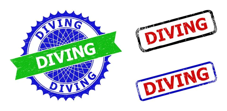 DIVING Rosette and Rectangle Bicolor Watermarks with Rubber Styles Stock Illustration