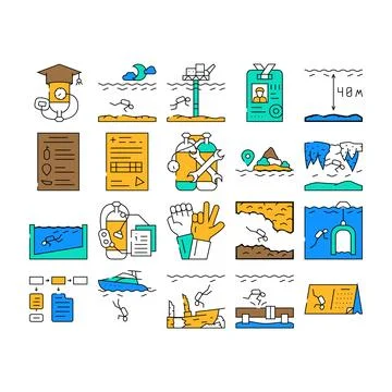 Diving School Education Lesson Icons Set Vector Stock Illustration