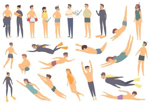 Diving school icons set cartoon vector. Beach active Stock Illustration