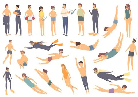 Diving school icons set cartoon . Beach active Stock Illustration