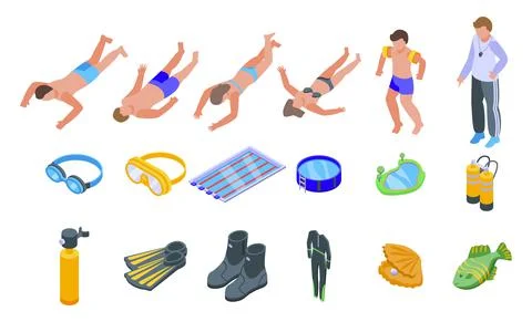 Diving school icons set isometric vector. Active beach Stock Illustration