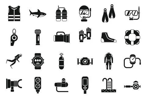 Diving school icons set simple vector. Beach active Ilustración de archivo