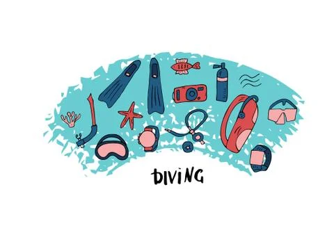 Diving set of elements  and equipment. Underwater activity symbols and access Stock Illustration