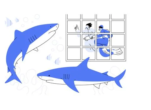 Diving with sharks isolated cartoon vector illustrations. Ilustración de archivo