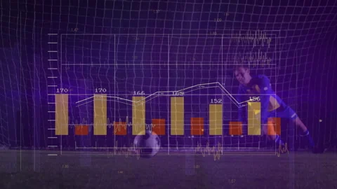 Diving soccer player saving ball with animation of financial graph overlay Stock Footage 305288781