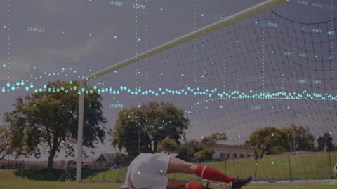 Diving soccer player saving goal with animation overlay in action-packed scene 库存影片 304011857