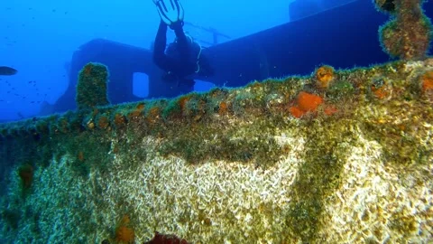 Diving on a sunken ship Stock Footage 276528712