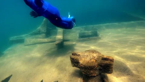 Diving Through an old Shipwreck Ocean Ship Sunk Reef Travel Explore Stock Footage 135253372