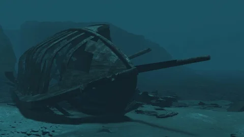 Diving through wreck ship in deep Ocean Age of discovery Stock Footage 119462291