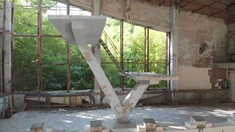Diving tower in an abandoned pool in the city of pripyat Stock Footage 194429363