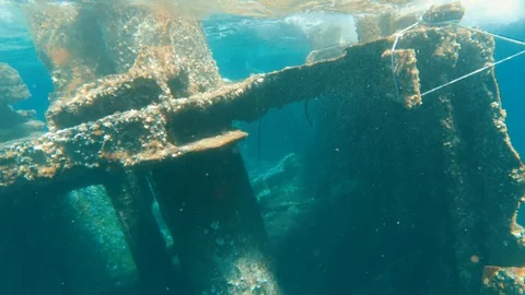 Diving Underwater near a Rusty Wreck of a Boat in Croatia's Mediterranean Sea Stock Footage 111908643