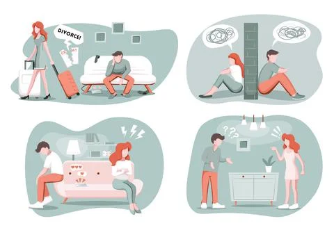 Divorce, breakup, separation concept set. Depressed man and woman divided by Stock-Illustration