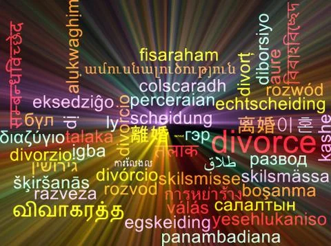Divorce multilanguage wordcloud background concept glowing Stock Illustration