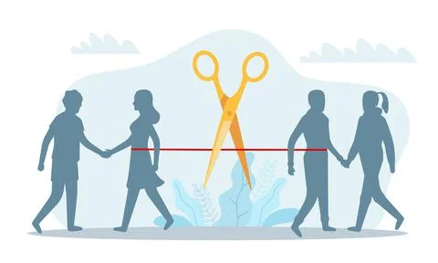 Divorce. Partners infidelity. Separation of broken marriage. Scissors cutting Stock Illustration