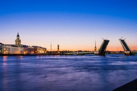 Divorced Palace Bridge during the White Nights wiev on Kuntskamera , St. Pete Stock Photos