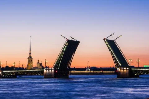 Divorced Palace Bridge during the White Nights wiev on Kuntskamera , St. Pete Stock Photos