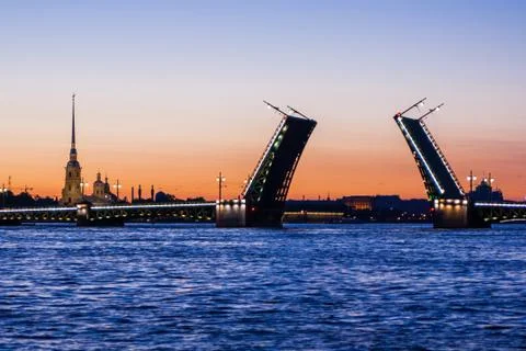 Divorced Palace Bridge during the White Nights wiev on Kuntskamera , St. Pete Stock Photos