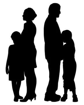Divorced separated parents with two sad unhappy separated children Stock Illustration