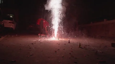 Diwali Flower Pot Fireworks Exploding in Vibrant Bangalore Street Celebration Stock Footage 319514306