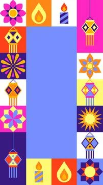 Diwali Icon Border Frame with Blank Vertical Lavender Copy Space Stock Illustration