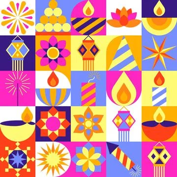 Diwali Icon Pattern with Lavender Tones and Diya Lamp Grid 스톡 일러스트