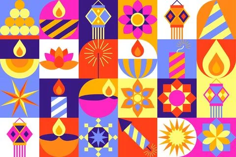 Diwali Icon Pattern with Multicolor Grid and Diya Lamp 스톡 일러스트