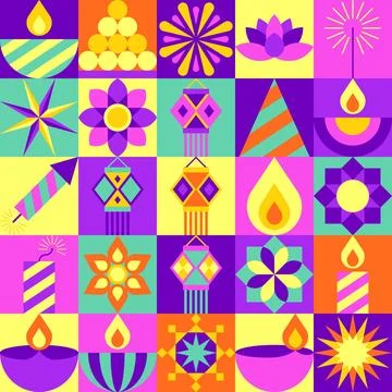 Diwali Icon Pattern with Teal and Purple Color Palette 스톡 일러스트