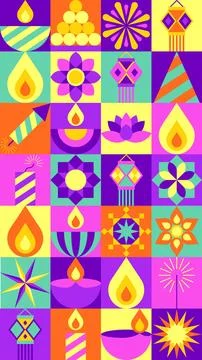 Diwali Icon Pattern with Teal and Purple Grid Layout 스톡 일러스트