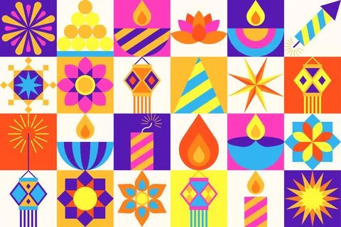 Diwali Icon Seamless Pattern with Diya Lamp and Marigold Flower 스톡 일러스트