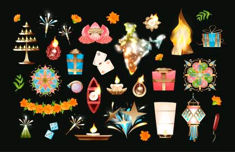Diwali objects vector set in cartoon style Stock Illustration