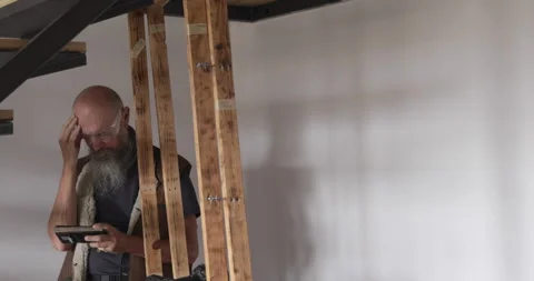 DIY 50 year old man watching woodworking plan using smartphone Stock Footage 321880638