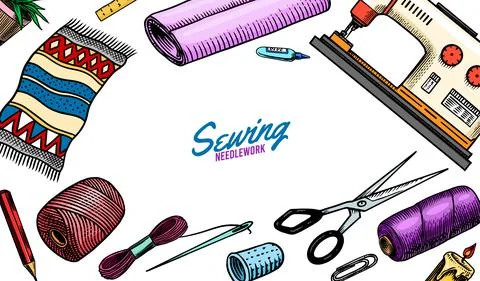 DIY Background. Hardware Shop concept. Glue, wood planks, sewing machine. Tools Stock Illustration