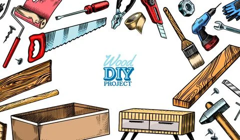 DIY Background. Hardware Shop concept. Glue, wood planks, sewing machine. Tools Stock Illustration