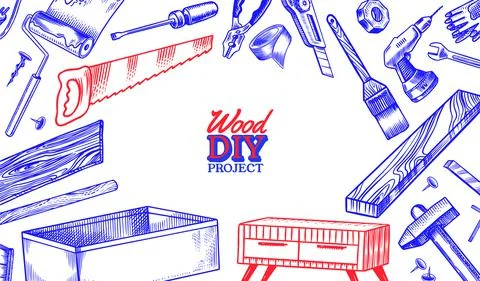 DIY Background. Hardware Shop concept. Glue, wood planks, sewing machine. Tools Stock Illustration