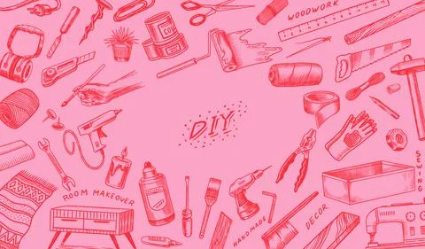 DIY Background. Hardware Shop concept. Glue, wood planks, sewing machine. Tools Stock Illustration