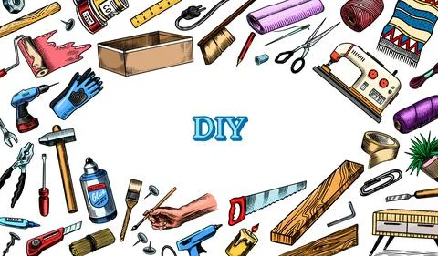 DIY Background. Hardware Shop concept. Glue, wood planks, sewing machine. Tools Stock Illustration