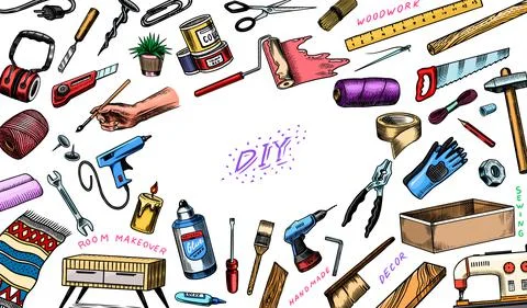 DIY Background. Hardware Shop concept. Glue, wood planks, sewing machine. Tools Stock Illustration