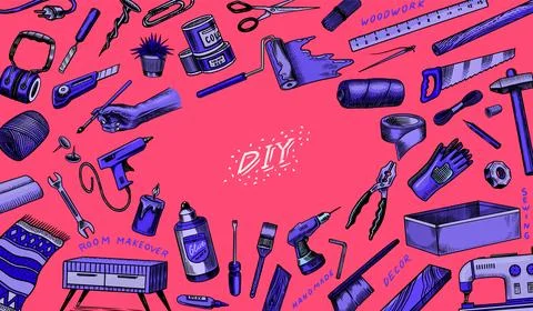 DIY Background. Hardware Shop concept. Glue, wood planks, sewing machine. Tools Stock Illustration