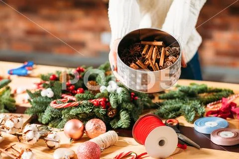 Diy christmas decoration florist box pine cones Stock Photos