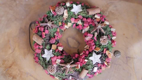 DIY Christmas rustic wreath made of berries, spices and herbs. New year's Stock Footage 305749398
