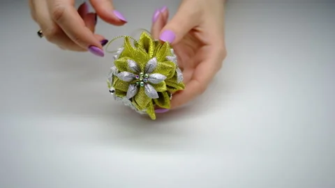 DIY. Christmas tree decorations made using the kanzashi technique 스톡 동영상 145482874
