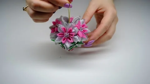 DIY. Christmas tree decorations made using the kanzashi technique 스톡 동영상 145482910