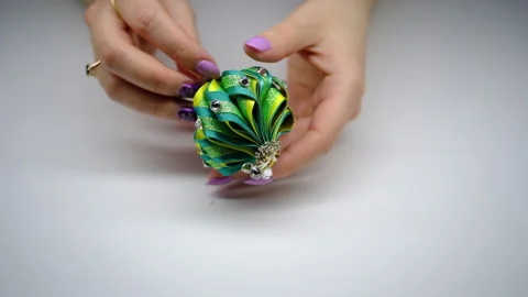 DIY. Christmas tree decorations made using the kanzashi technique 스톡 동영상 145482924