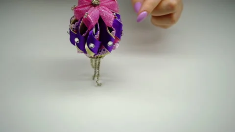 DIY. Christmas tree decorations made using the kanzashi technique 스톡 동영상 145483026