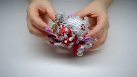 DIY. Christmas tree decorations made using the kanzashi technique 스톡 동영상 145483099