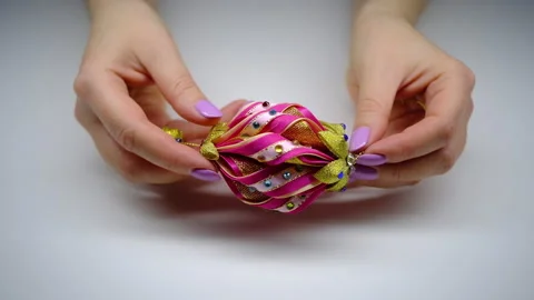 DIY. Christmas tree decorations made using the kanzashi technique 스톡 동영상 145483151