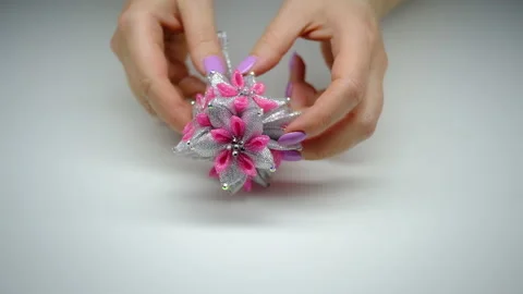 DIY. Christmas tree decorations made using the kanzashi technique 스톡 동영상 145483608